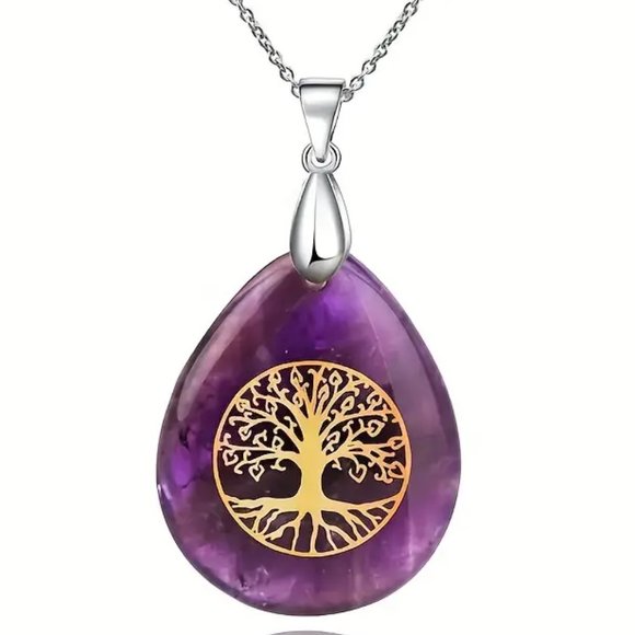 Amethyst Tree Of Life Natural Stones Necklace Gemstone Healing Pendant - Picture 1 of 2